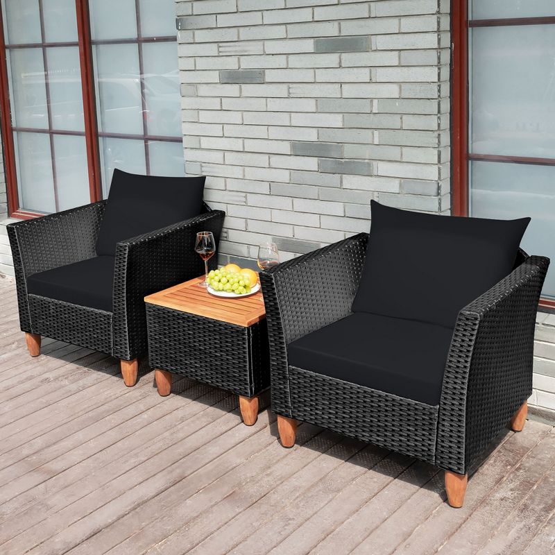 Costway 3 PCS Outdoor Patio Rattan Bistro Furniture Set Wooden Table Top Cushioned Sofa Black Brown, 3 of 11