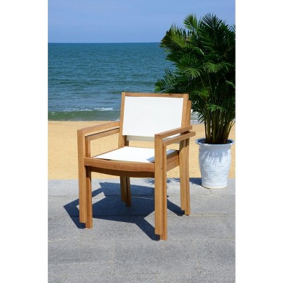 Chante Light Wood Round Outdoor Dining Set with Cream Upholstery