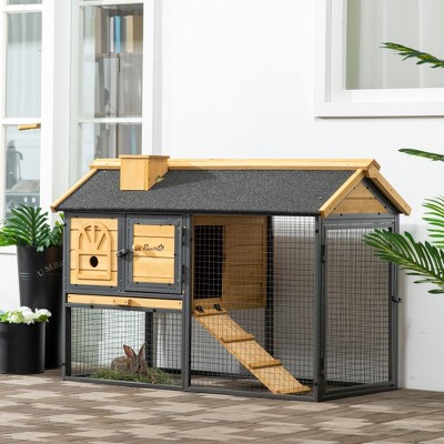47" Natural Fir Wood and Metal Outdoor Rabbit Hutch with Ramp