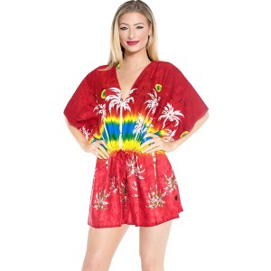 LA LEELA Women's Plus Size Vacation Mini Beachwear Swim Suit Dress Summer Holiday Beach Dress Bathing Suit Cover-Up for Women 3X-4X Red, Tree - 1 of 4