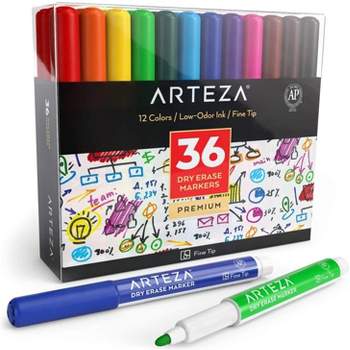 Arteza Dry Erase Markers, Fine Tip, 12 Bright Colors for School - 36 Pack