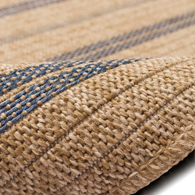 Navy and Beige Round Synthetic Flatwoven Indoor/Outdoor Rug