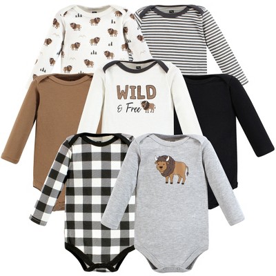 Image of Hudson Baby Infant Boy Cotton Long-Sleeve Bodysuits, Wild Buffalo 7-Pack, 12-18 Months