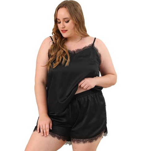 Agnes Orinda Women's Plus Size Lace Panel Elastic Waist Camisole Pajama Set  Black 1x : Target