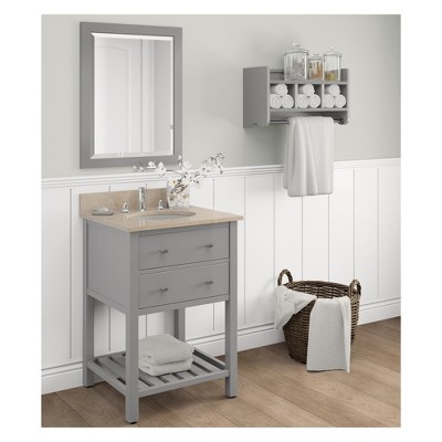 Gray Wood 25" Wall-Mounted Bath Storage Shelf with Dual Towel Rods