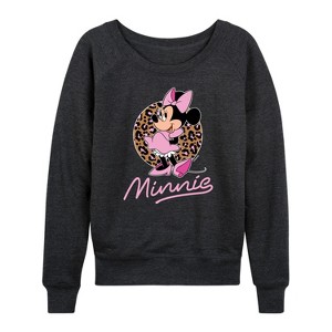 Women's - Disney - Minnie Leopard Print Lightweight French Terry Wide Neck Long Sleeve Shirt - 1 of 4