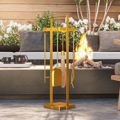 JANSNO 5 Piece Fireplace Tools Set Indoor Outdoor with Brush Broom, Poker, Shovel, Tongs and Stand for Chimney