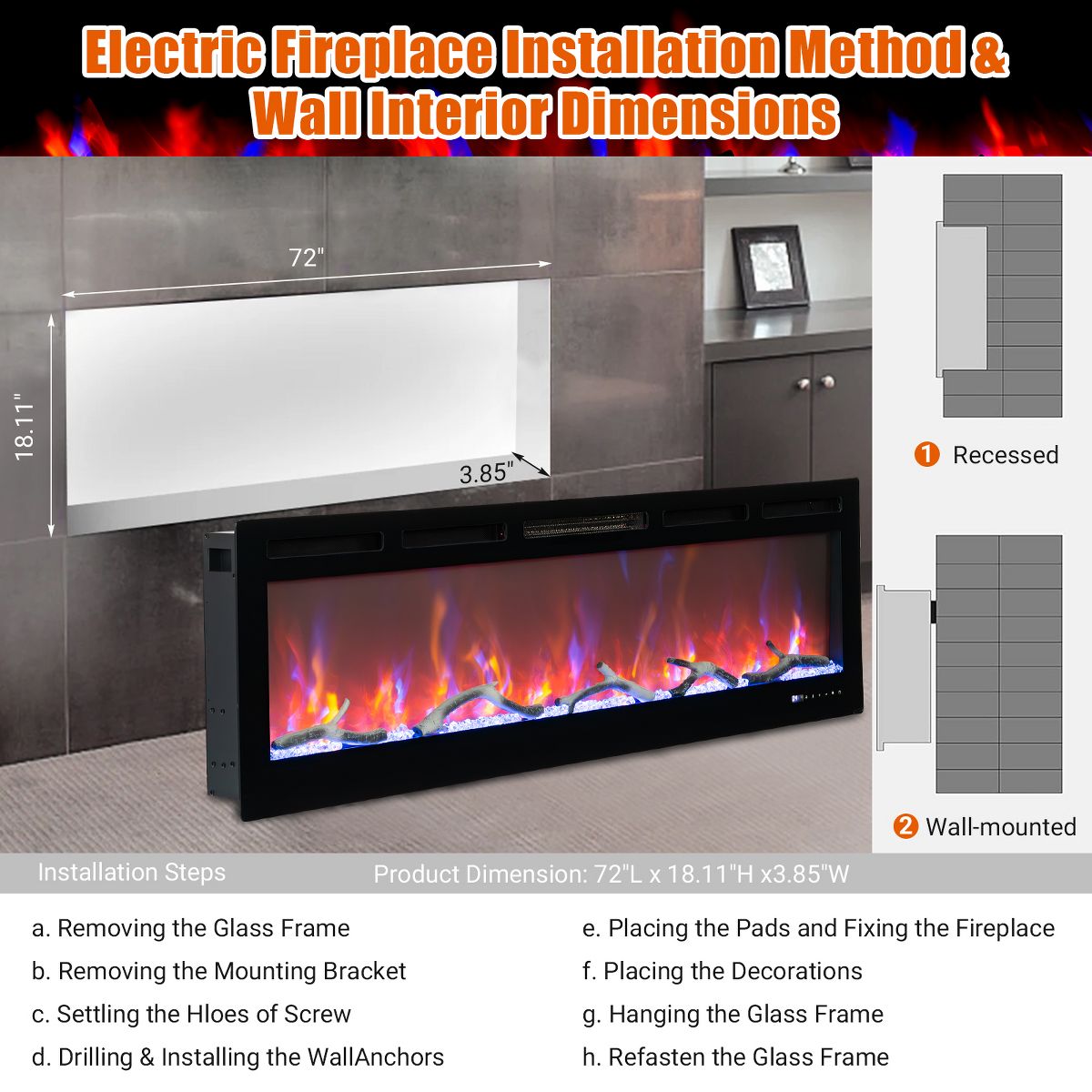 72" Smart Ultra‑Thin Electric Fireplace Insert, WiFi Alexa, 750W/1500W, Multicolor Flames, Thermostat Timer, Wall‑Recessed w/ Remote, Log & Crystal - thumbnail 8