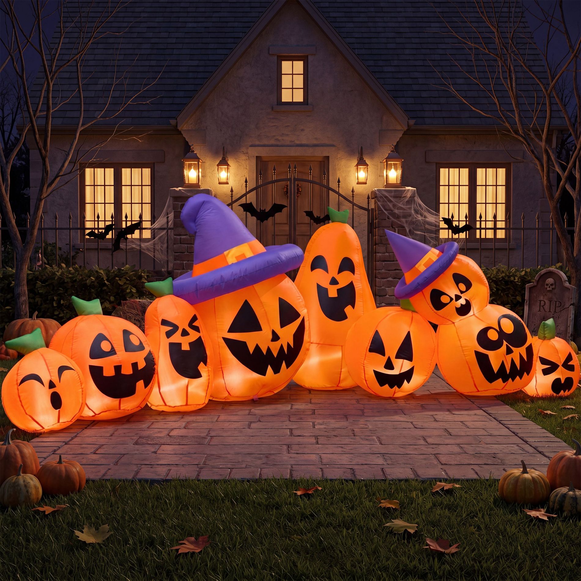 Joyfy 12.5 FT Long Halloween Inflatable Outdoor Decorations, 9 Pcs Pumpkin Inflatable with Built-in LEDs for Halloween Party Yard Garden Lawn Decor