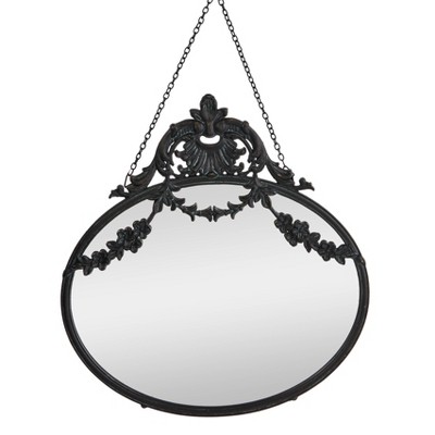 Vintage Black Pewter Round Wall Mirror with Decorative Chain