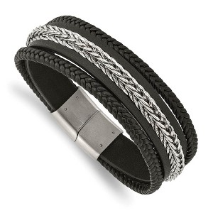 Black Bow Jewelry 23mm Stainless Steel & Black Leather Multi Strand Bracelet, 8.5 Inch - 1 of 4