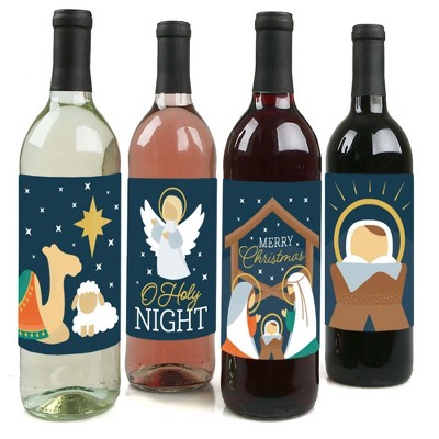 Big Dot of Happiness Holy Nativity - Manger Scene Religious Christmas Decorations for Women and Men - Wine Bottle Label Stickers - Set of 4