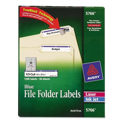 Avery Permanent File Folder Labels TrueBlock Inkjet/Laser Blue 1500/Box 5766