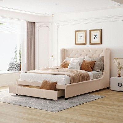 YOOCOZZ Queen Size Velvet Upholstered Platform Bed with Wingback Headboard and Storage Drawer