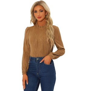 Allegra K Women's Texture Long Sleeve Casual Office Ruffled Mock Neck Tops - 1 of 4