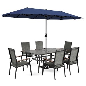 Captiva Designs 8pc Patio Dining Slat-top Steel Table & Aluminum Stackable Chairs & Market Umbrella - 1 of 4