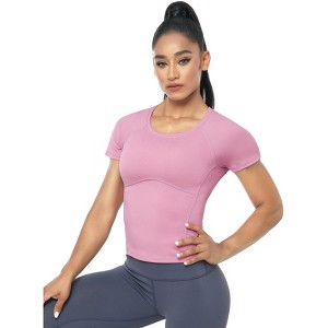 BLUEMING Womens Athletic Tops Cropped Breathable Activewear T-Shirts Round Neck Back Ventilated Mesh Tops Gym Jogger Outfits - 1 of 4