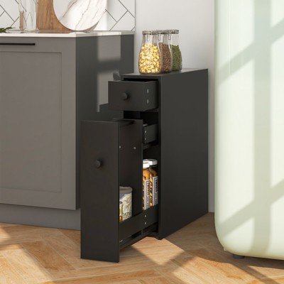 Black MDF Slim Bathroom Storage Cabinet with Slide Out Drawers