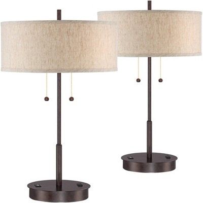 360 Lighting Modern Accent Table Lamps Set of 2 with Hotel Style USB and AC Power Outlet in Base Bronze Slim Fabric Drum Shade for Living Room