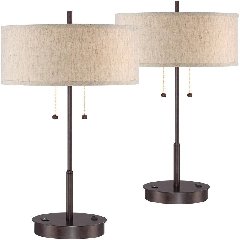 360 Lighting Modern Accent Table Lamps 23.5" High Set of 2 with Hotel Style USB and AC Power Outlet in Base Bronze Fabric Drum Shade for Living Room, 1 of 10
