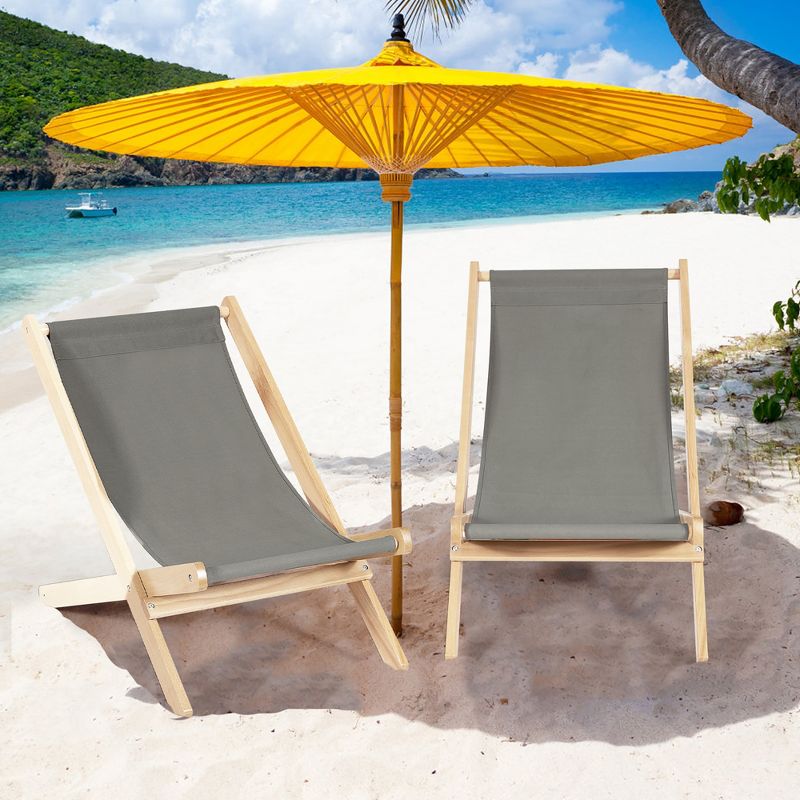 Costway Set of 2 Foldable Wood Sling Beech Chairs w/ 3 Adjustable Positions&Free Cushion, 1 of 10