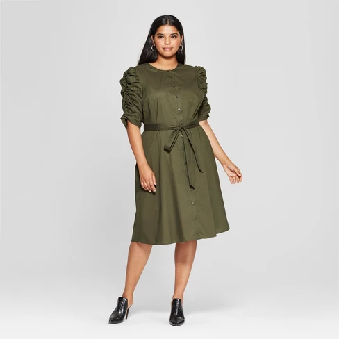 Women's Plus Size Shirred Sleeve Dress - Who What Wearâ¢ Olive - image 1 of 3
