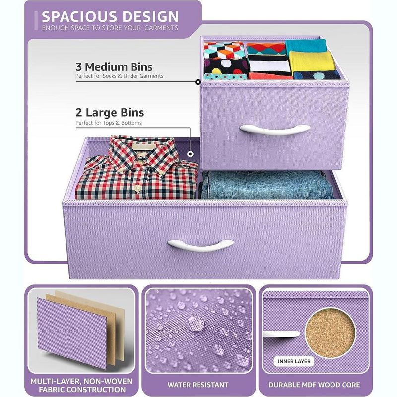 Sorbus 5 Drawers Dresser- Storage Unit with Steel Frame, Wood Top, Fabric Bins - for Bedroom, Closet, Office and more, 5 of 10