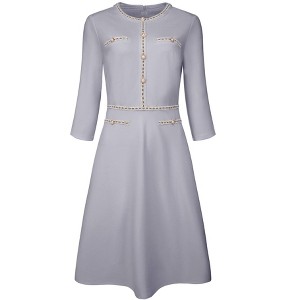 Hobemty Women's Elegant Office 3/4 Sleeve Tweed Trim Round Neck A-Line Dress - 1 of 4