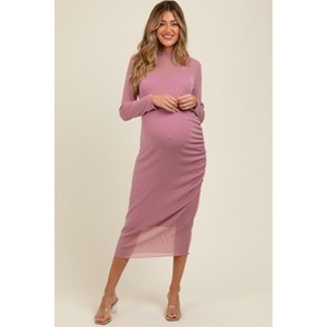 Pinkblush Pink Shimmer Mesh Long Sleeve Ruched Maternity Midi Dress - 1 of 3