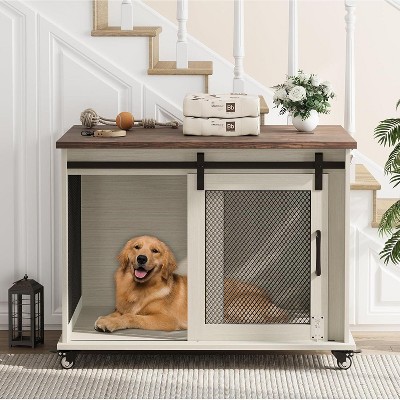 37 Inch Dog Crate Furniture, Indoor Dog Cage with Sliding Barn Door, Flip Top Dog Kennel End Table with Removable Divider, Farmhouse Wooden Pet House