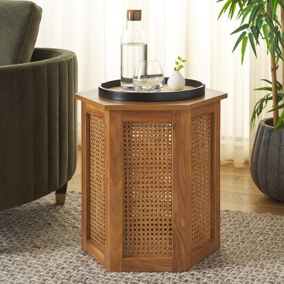 Danez Hexagonal Natural Wood and Cane Accent Table