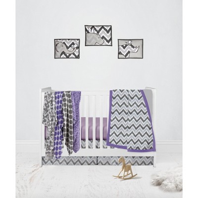 Bacati - Ikat Dots Leopard  Purple Grey Muslin Girls 10 pc Crib Set with wall hangings & Mobile