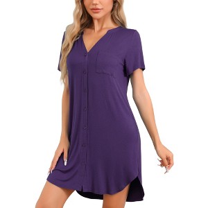 cheibear Women's V-Neck Front Button Down Short Sleeve Nightgowns - 1 of 4