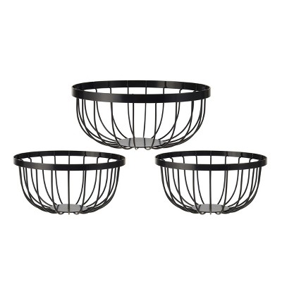 Scroll Black Iron 3-Piece Round Storage Basket Set
