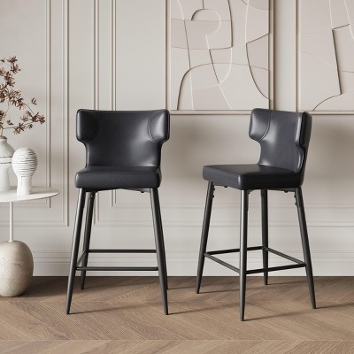 28"H Bar Stools Upholstered With PU Leather Set Of 2,Modern Bar Stools With Metal Legs And Metal Footrest-Maison Boucle
