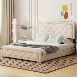 Streamdale Beige Velvet Queen Bed with Headboard and Metal Wire Frame - 1 of 1