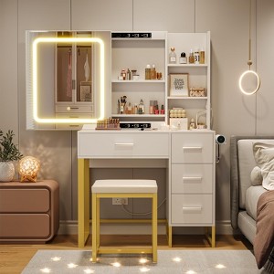 LED Lighted Vanity Desk with Power Outlets & Stool - Modern Makeup Vanity Set with 4 Drawers - 1 of 4