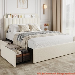 Twin/FULL/Queen/Twin XL Size Kids'Bed Frame with 2 Flexible Drawers, Boucle Upholstered Platform Bed Frame w/ Bookcase Headboard, Bedframe - 1 of 4