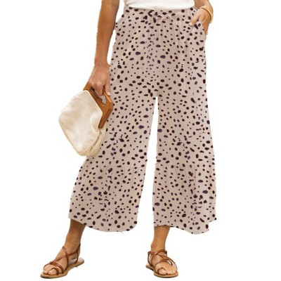 Amaryllis Women's Wide-Leg Printed Pants Lightweight Relaxed Fit Elastic Waist Versatile Flowy Ruffled Hem Trendy Design