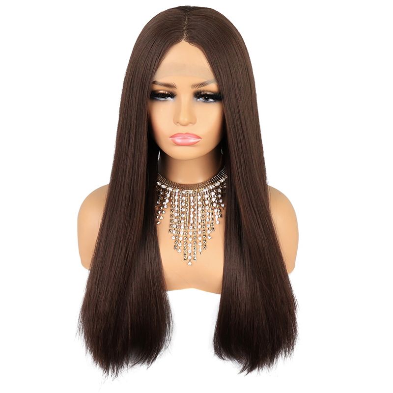 Unique Bargains Lace Front Wigs, Heat Resistant Long Straight Hair for Girl Daily Use Synthetic Fibre Dark Brown 26", 1 of 7