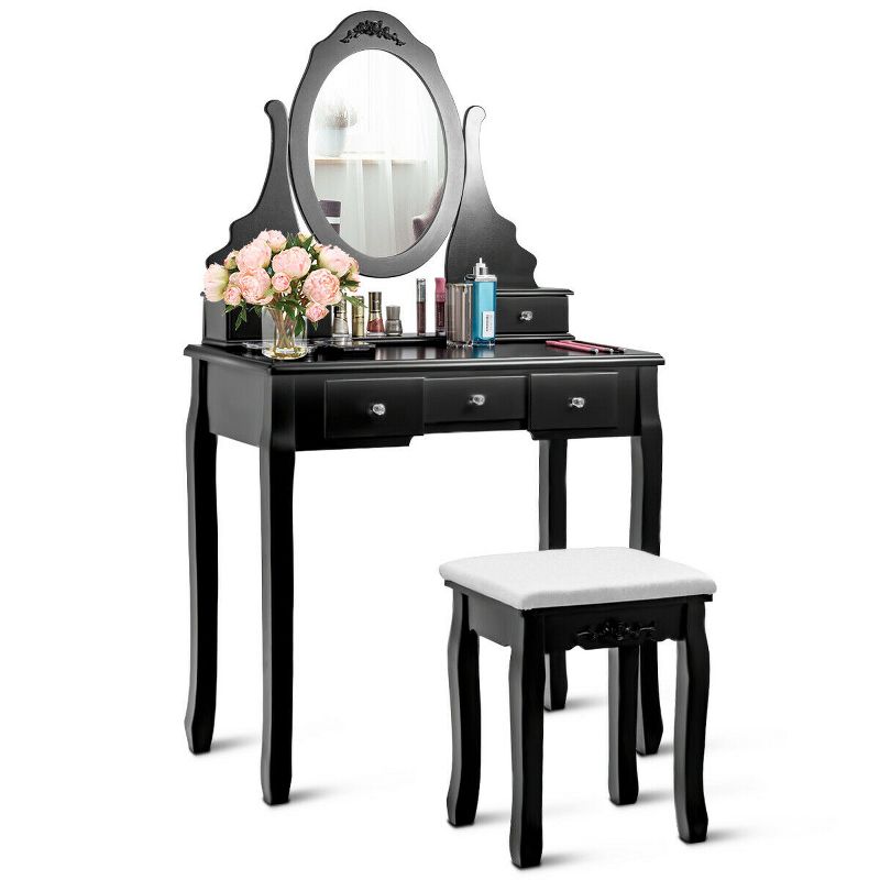 Costway Vanity Jewelry Wooden Makeup Dressing Table Set W/Stool Mirror & 5 Drawers Black, 2 of 11