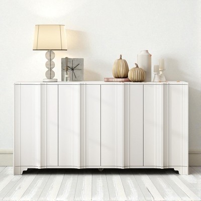 4-Door Sideboard with Intricate Linear Accents, Triangular Legs & Pine Veneer Finish, MDF Storage Cabinet for Dining Room, Kitchen, or Living Room