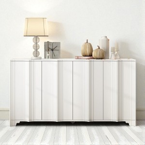 4-Door Sideboard with Intricate Linear Accents, Triangular Legs & Pine Veneer Finish, MDF Storage Cabinet for Dining Room, Kitchen, or Living Room - 1 of 4