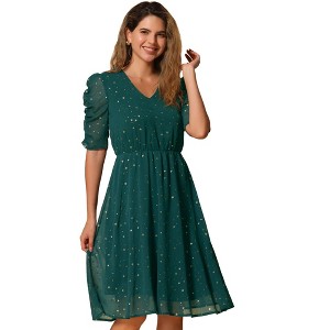 Allegra K Women's Metallic Stars Ruched Sleeve Elastic Waist V Neck A-line Dress - 1 of 4