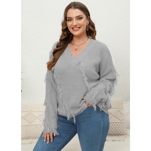 Coolmee Womens Plus Size Sweater Knitted Fringe V Neck Long Sleeve Sweatshirts Casual Loose Pullovers - 1 of 4