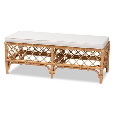 Serene Orchard White Fabric and Natural Rattan Bench - 48"