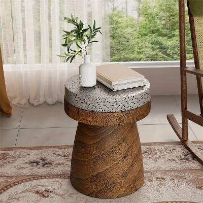 HDZNVF Modern Brown Concrete Mushroom Side Table with Imitation Wood Grain