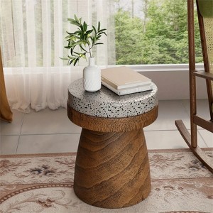 HDZNVF Modern Brown Concrete Mushroom Side Table with Imitation Wood Grain - 1 of 4