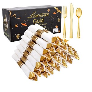 Aoibox 100-Pack Gold Plastic Cutlery Set with Napkins - Disposable Forks, Knives, Spoons for Parties, Thanksgiving, Christmas - Elegant & Convenient - 1 of 4