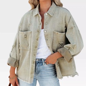 Womens Denim Jackets Frayed Jeans Shacket with Pockets Boxy Raw Hem Denim Short Jackets Ripped Denim Coats Fall Casual Jackets Button Down - 1 of 4